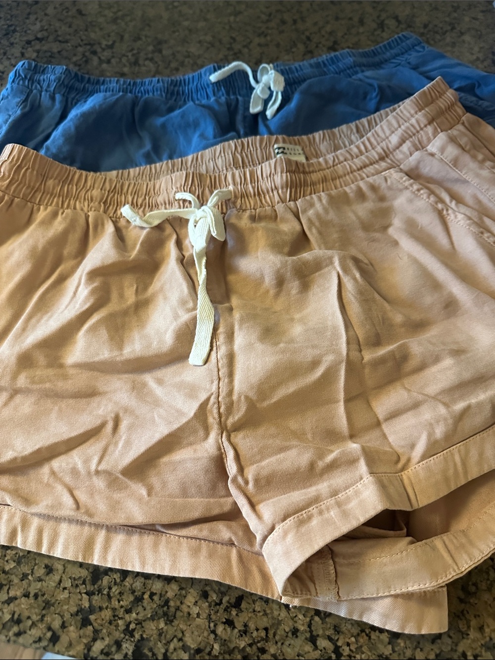 X2 pairs of Billabong Women’s Peach and Blue Athletic Drawstring Shorts